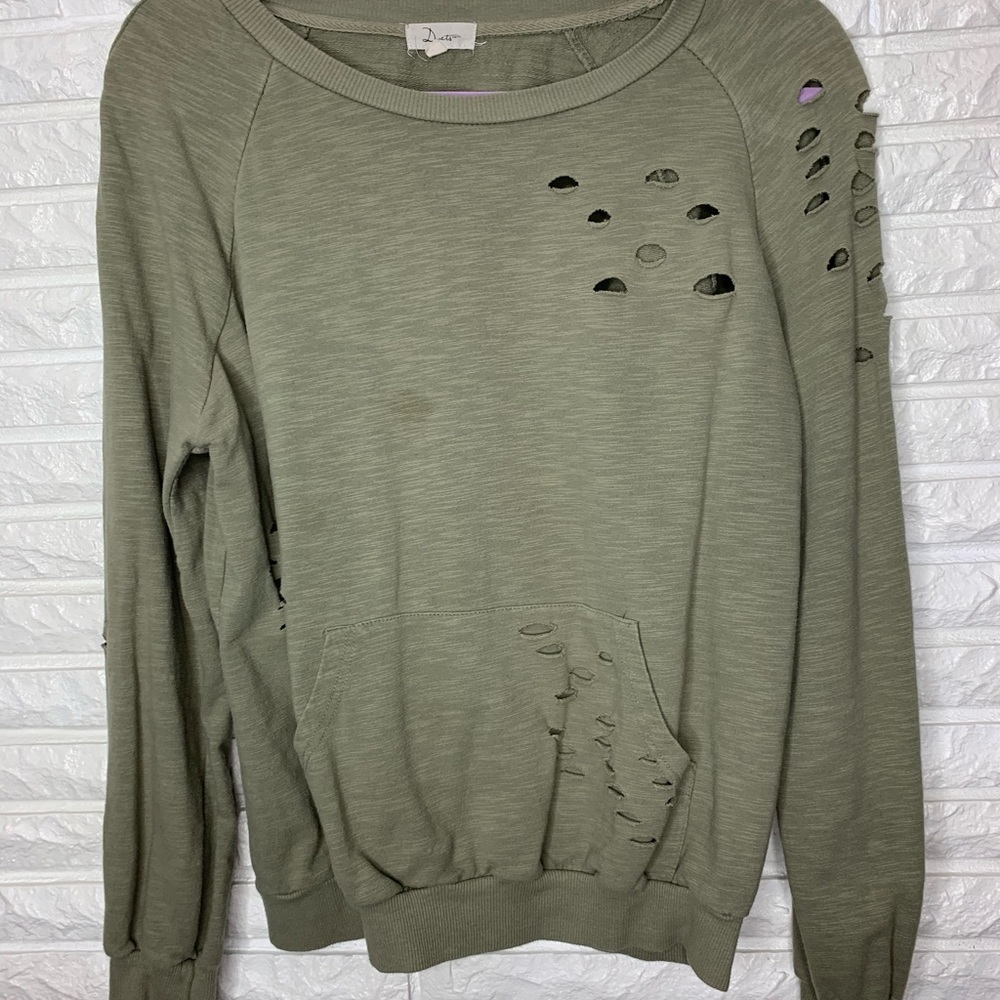 Green distressed crew neck